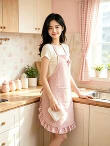 1pc Cute Pink Bow Print Ruffle Trim Women's Kitchen Apron, Sweet Lace Pocket Waterproof Home Cleaning Cooking Apron, Japanese & Korean Style Housework Baking Cleaning Gardening Apron - Multicolor - View 4