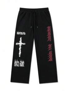 Cross Gothic Letter Wide Leg Sweatpants, Contrast Red & Black Font Drawstring Elastic Straight Leg Long Pants - Black - View 3