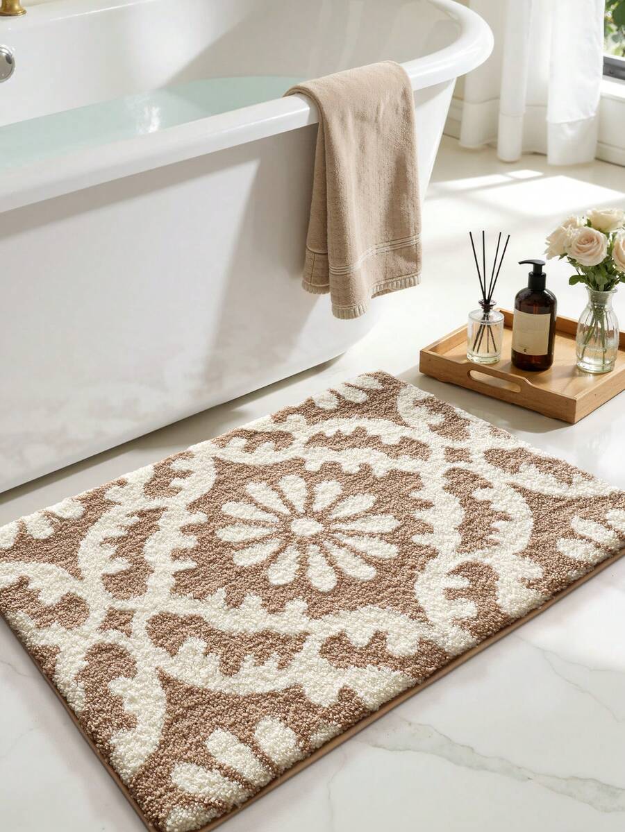 DAJIANG 1pc Bohemian Floral Bathroom Rug, TPR Backing Non-Slip, Suitable For Bathroom, Kitchen, Outdoor, Indoor, Hallway, Bedroom, Living Room, Bedside, Machine Washable Easy To Clean, Bedroom Bathroom Decor Rug