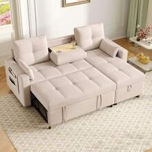 L‑Shaped Convertible Corner Sofa Bed, Reversible Chaise, Pull‑Out Sleeper Sofa With Storage Compartment, Flip‑Down Wooden Tray & Dual Cup Holders, Linen Fabric Sectional Couch For Living Room Bedroom - Beige - View 8