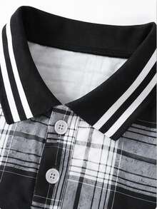 1 pieza Camisa POLO de manga larga a cuadros negro & blanco, estilo casual retro versátil para niños, otoño/invierno - Blanco y Negro - Ver 4