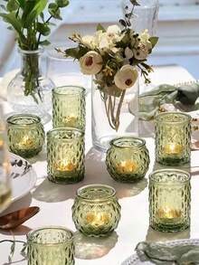 12pcs Vintage Transparent Glass Tea Candle Holders, For Wedding Table Decor, Bridal Shower Decor, Bohemian Tea Party Decor And Wedding Party Guest Favors - Transparent - View 2