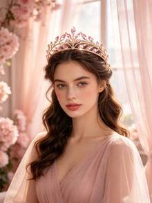 1pc Bridal Wedding Crown Headpiece Crystal Rhinestone Embellished Hair Hoop New Style Tiara - 44026 Pink - View 3