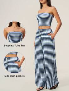 TimeOff Women's One Set Striped Strapless Bandeau Tank Top With Waist Drawstring And Side Pockets Wide Leg Pants 2 Pieces Set - Royal Blue - View 11