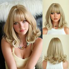 NAMM Short Curly Brown Wig With Bangs Shoulder-Length Body Wave Wig, Natural-Looking Synthetic Heat-Resistant Fiber Wig For Women Daily Party Use 14 Inch ( Chestnut Brown, Dark Brown, Blonde ) - Multicolor - View 11