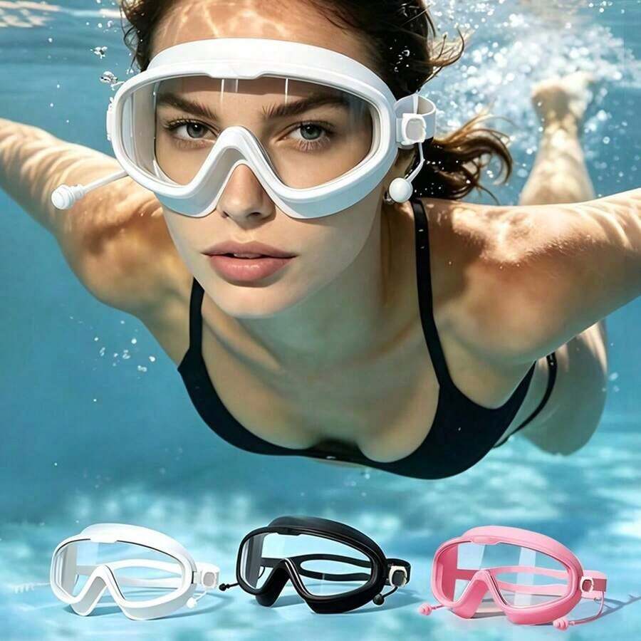 Large Frame Waterproof Anti-Fog Swimming Goggles, With Integrated Earplugs, Comfortable Design, Unisex, Transparent Wide Field Of View, Leak-Proof Seal, UV Protection, Durable Construction, Suitable For Swimming Pool Training And Water Sports