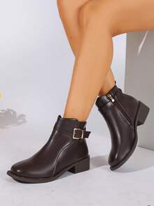 Women's Coffee Brown Metal Buckle Lace-Up Ankle Boots, Round Toe Low Square Heel Side Zipper Commuter Casual Short Boots - Coffee Brown - View 8