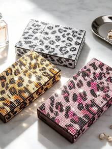 Full Rhinestone Leopard Print Mini Hair Clip Storage Box, Luxury Portable Multi-Functional Storage Box, INS Style Makeup Tool Storage Bag. Flip Cover Dust-Proof Design, Suitable For Travel, Hotel, Commuting And Daily Use. Exquisite Rhinestone Leopard Print Design, Perfect For Beauty Bloggers And Makeup Lovers, Can Store Mini Makeup Brushes, Lip Brushes, Fashionable And Versatile Makeup Storage Item. Couples, Birthday Gift, Back To School, Teacher's Day - Multicolor - View 2