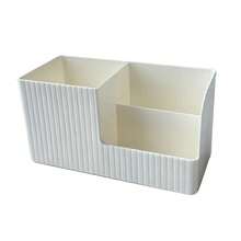 Cream White Vertical Stripe Multi-Compartment Cosmetic Storage Box, INS Style Desktop Makeup Organizer, Vanity Lipstick Makeup Brush Eyebrow Pencil Makeup Storage Basket, Plastic Divided Design, Large Capacity Can Store Various Makeup Small Items, Suitable For Bedroom Vanity, Bathroom Countertop, Simple Space-Saving, Practical Home Makeup Storage Organizer For Women - View 13