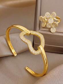 Hollow Heart Zirconia Cuff Bangle&Flower Diamond Open Ring Jewellery Set,Women Golden Jewelry Combo,Holiday Essentials Romantic Dating Party Accessories - Multicolor - View 5