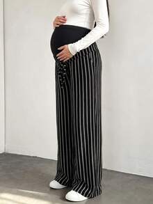 Women's Maternity Summer Pants: Black Striped Wide Leg Elastic Waist Casual Sports Pants - Black - View 3