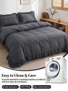 2/3pcs Ruffle Duvet Cover Set, Dorm Bedding, Grey Bedding Set, Cozy Room Decor, Skin-Friendly Breathable, Super Soft Anti-Pilling, Duvet Insert Not Included, Suitable For Twin/Full/Queen/King Size Bed, All Season, Machine Washable, Back To School - Grey - View 5