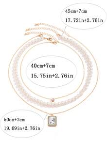 3pcs/Set Fashion Transparent Rhinestone Classic Faux Pearl Men's Necklace, Lightweight Luxury Versatile Design Layered Jewelry Suitable For Daily Wear - Multicolor - View 4