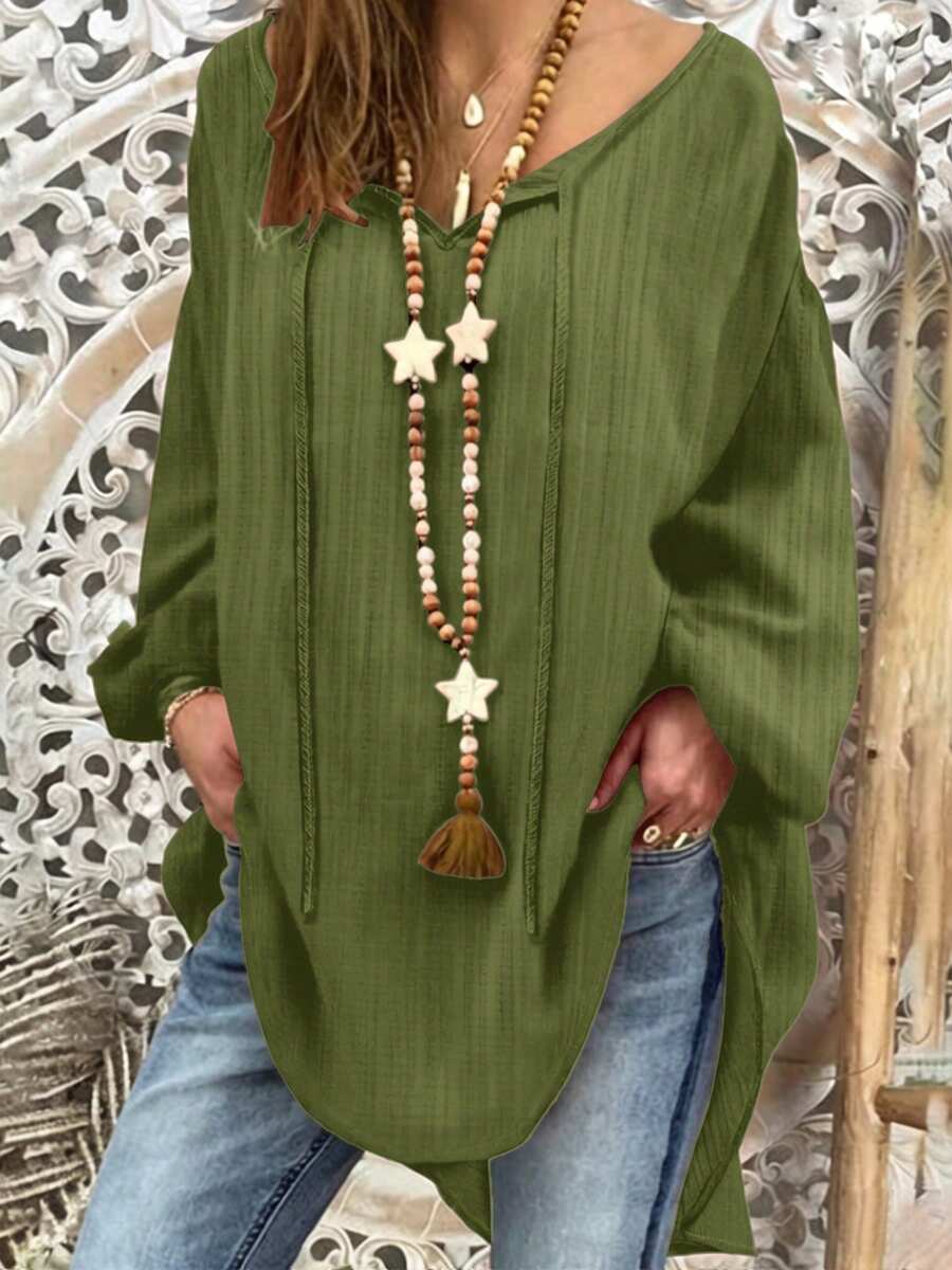 Plus Size Women's Bohemian Style Vacation Loose V-Neck Top, Lightweight Faux Linen Texture Summer Country Style Beach