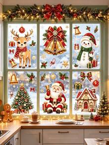 57pcs/6sheets Christmas Window Clings, Xmas Snowman Santa Claus Reindeer Snowflakes Tree, For Holiday Party Home Office Classroom Window Decals Decorations, Winter Silhouette Indoor Decor For Glass - Multicolor - View 3
