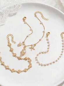 3pcs/Set Gelang Kaki Pantai Kasual Musim Panas dengan Liontin Cangkang Bintang Laut dan Mutiara Imitasi Seri Laut - Emas - View 2