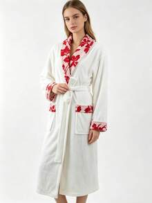 1 Stück Damen Paar Unisex Revers Jacquard einfarbiger Bademantel langer Morgenmantel Hausmantel Nachthemd Bademantel Korallenfleece weich saugfähig warm geeignet für Badezimmer Dusche Pool Hotel Ferienhaus Geschenk - Verschiedenfarbig - Übersicht 1