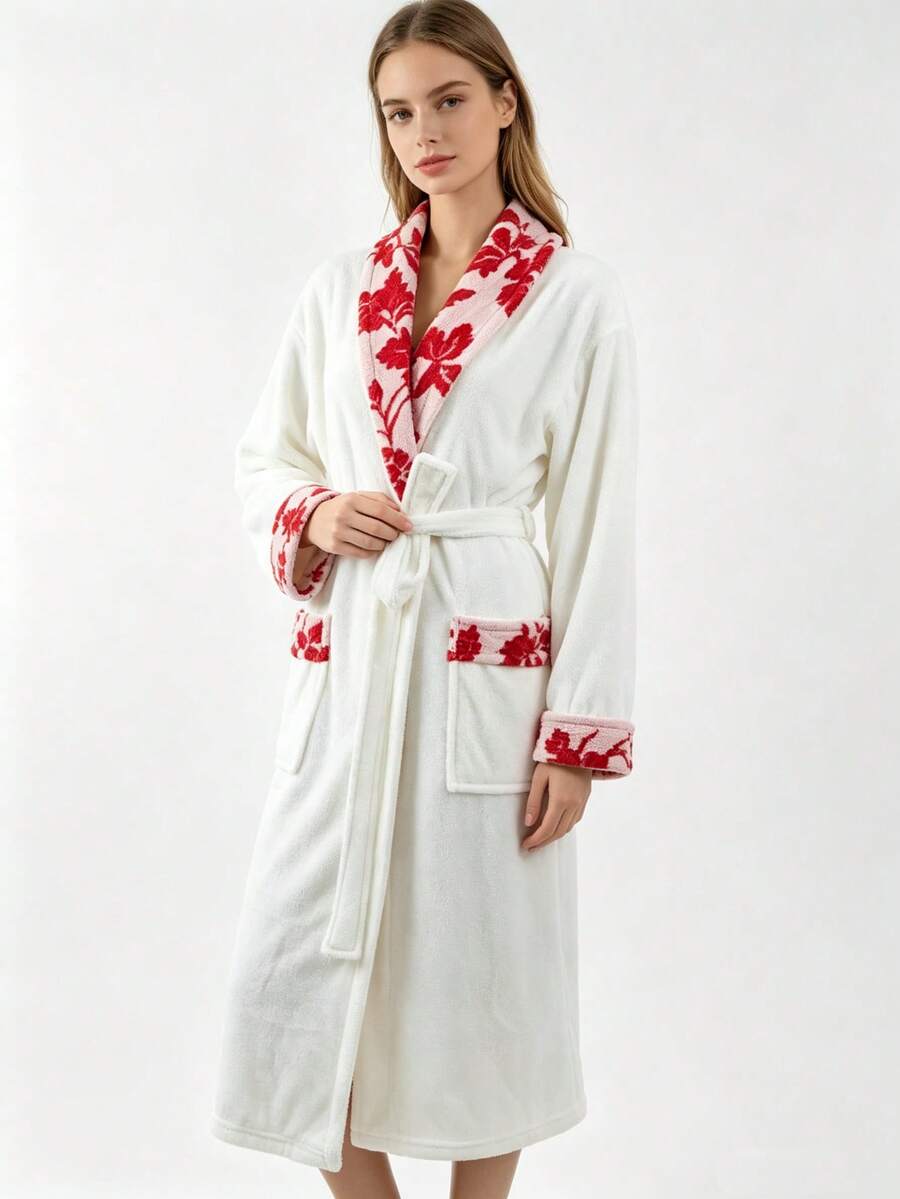 1 Stück Damen Paar Unisex Revers Jacquard einfarbiger Bademantel langer Morgenmantel Hausmantel Nachthemd Bademantel Korallenfleece weich saugfähig warm geeignet für Badezimmer Dusche Pool Hotel Ferienhaus Geschenk - Verschiedenfarbig - Übersicht 1