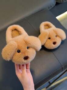 1 Pair Unisex Plush Slippers, Dog Ear Design, With Plush Lining, Non-Slip Soft Rubber Sole, Suitable For Toddlers And Children Indoor Warm Home Slippers - Light Coffee - View 6