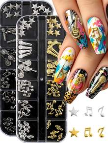 12 Grids Silvery/Golden Metal Music Note Nail Charms 3D Musical Symbol Guitar Nail Decoration Punk Microphone Star Accessories - Multicolor - View 3