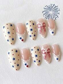 10pcs Y2K-Style Acrylic Press-On Nails Featuring Stars, Polka Dots, Bows, And Lace Details; Medium Almond-Shaped Tips Suitable For Dates And Birthday Parties. - Multicolor - View 2