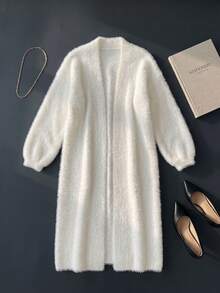 Women's Long Cardigan Sweater, Casual Minimalist Autumn/Winter Long Sleeve Knit Cardigan - White - View 2