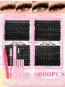 660/800 Clusters D Curl False Eyelashes, Includes Adhesive And Sealer, Tweezers, Eye Brush, Large Capacity, Suitable For Beginners, Professional DIY Segmented Eyelash Set, Easy To Use At Home, Dense Fluffy Natural Look Single Clusters, Suitable For Different Eye Makeup - Black - View 9