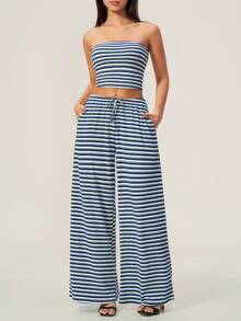 TimeOff Women's One Set Striped Strapless Bandeau Tank Top With Waist Drawstring And Side Pockets Wide Leg Pants 2 Pieces Set - Royal Blue - View 7