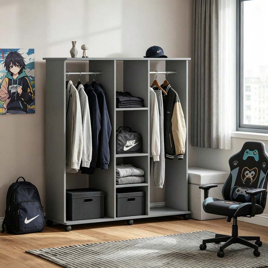 Öffnen Kleidungshalter,Mobile Open Garment Rack Storage Organizer Mit Multi-Fächern,Freistehende Kleidung Display Rack - 灰色 - 查看 1