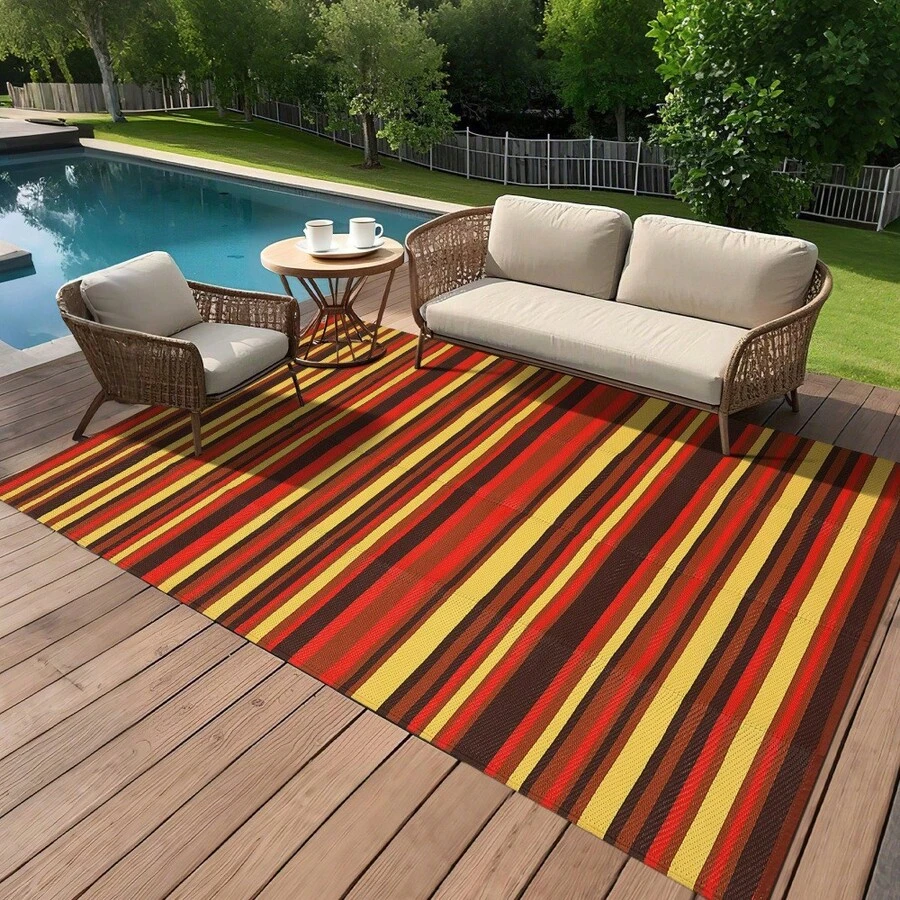 Huisuilinss Waterproof Outdoor Rug,Plastic Rug,Striped Plastic Straw Rug,Reversible Foldable Mat,Modern Carpet,Camping Rug With Portable Bag For Picnic Backyard Deck Balcony - 9*12ft Orange Red - View 1