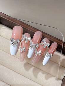 5pcs Flat Bottom Zirconia Ribbon Bow Nail Art Charms, Sparkling Finished Pearl Bowknot DIY Nail Accessories - Multicolor - View 5