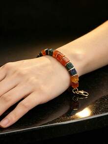 1pc Wealth Bracelet: A Bracelet Featuring Square Beads Of Lapis Lazuli And Red Agate, Designed To Attract Wealth And Prosperity. - Multicolor - View 2