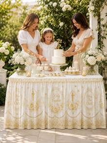 Baptism Table Skirt, White And Gold Cross Theme Polyester Tablecloth With Roses, Pearls And Elegant Religious Patterns, Baby Baptism Ceremony Celebration Decoration - A - View 11