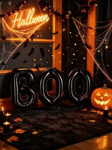 3pcs/Set 16-Inch Halloween "BOO" Letter Foil Balloons, Matte Black Foil Letter Balloon Garland, Spooky Halloween Wall Decor, Gothic Haunted House Adult Party Decorations, Home, Bar Halloween Photo Backdrop Props - Halloween BOO - View 5