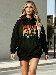 Women's Hooded Sweatshirt In Vintage Style"Love It Live It Twirl It"Patterned Printed Casual Streetwear For Autumn And Winter - Black - View 7