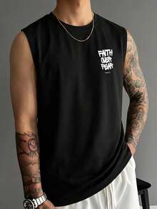 Kaos Tanpa Lengan Leher Bulat Motif Grafiti Jalanan Inggris Serbaguna untuk Pria di Musim Panas - Hitam - View 2