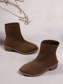 Vintage Brown Knitted Sock Ankle Boots For Girls, Elastic Back Zipper Ankle Boots, Autumn Daily Street Casual Wear - Brown - View 3