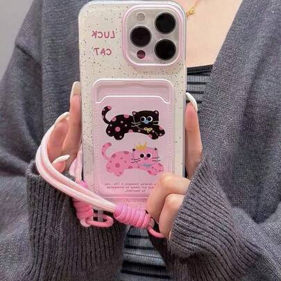 [Free Lanyard]Cute Ink Splatter Cat Phone Case Card Holder Compatible With Apple 17 Pro Max/ 16/15 Pro/14 Plus/13/12/11 Wrist Strap Hand Rope Can Hold Cards And Photos
