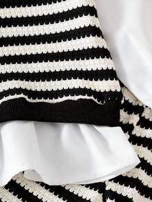 Korean Style Baby Girl Vintage Striped 2-Piece Set, Wavy Hem Faux Layered Patchwork Long Sleeve Top, Soft Textured Striped Loose Flared Pants, Spring/Autumn Outfit - Black and White - View 5