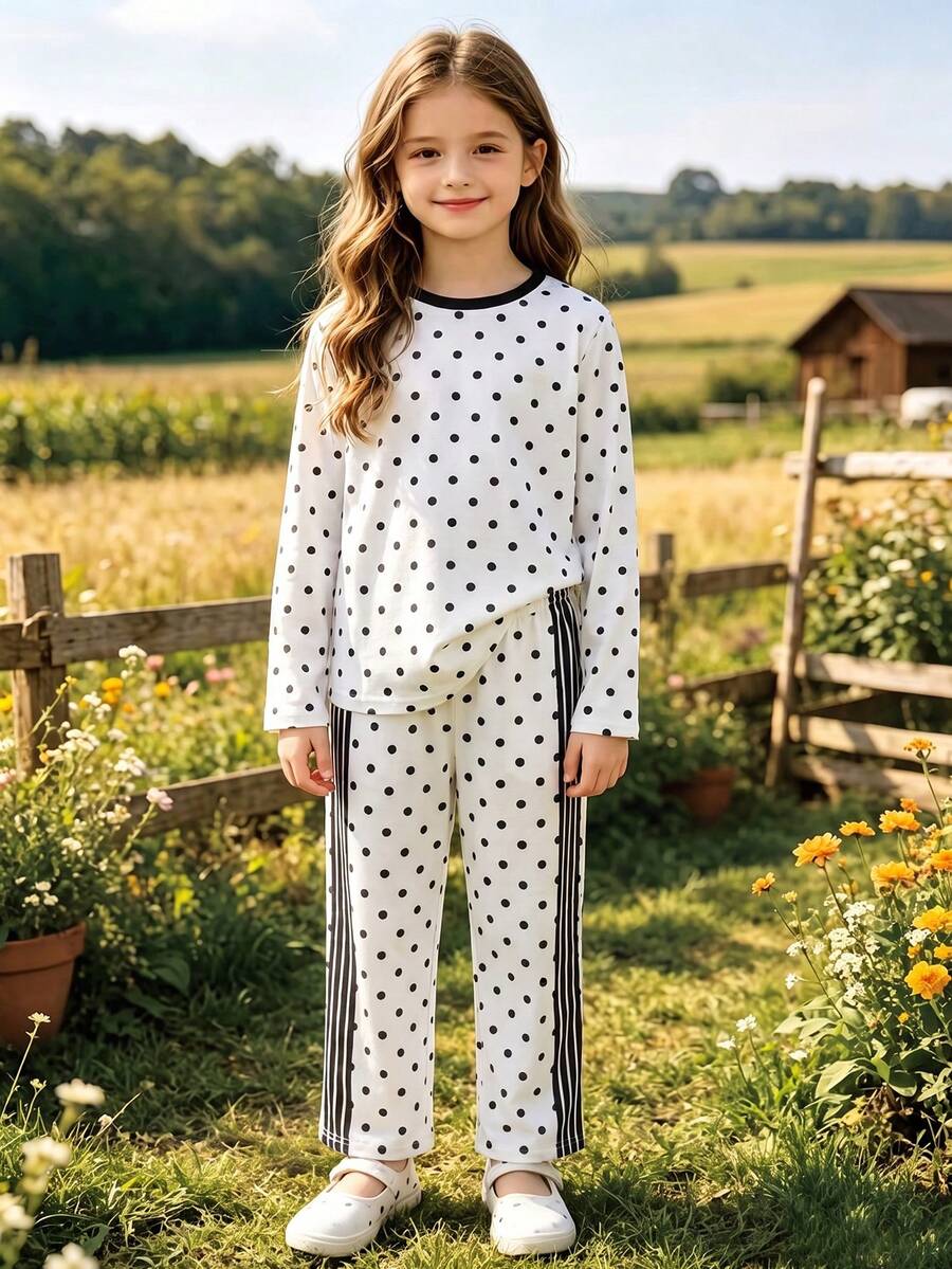 Setelan 2 Potong untuk Remaja Perempuan: Atasan Lengan Panjang Leher Bulat Motif Polkadot dan Celana Panjang Lurus Elastis dengan Garis Samping, Gaya Musim Semi/Gugur - Putih - View 1
