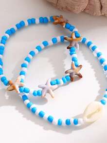 2 Ocean Sea Star Shell Faux Pearl Bead Set Foot Chain Girl's Beach Vacation Style Ankle Accessories - Blue - View 4