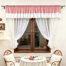 1 Set Tirai Tipis Berumbai Motif Kotak-kotak Merah & Putih Vintage, Tirai Tipis Dua Lapis Transparan dengan Kantong Batang Atas, Tirai untuk Ruang Makan, Kamar Mandi, Pembatas Lemari, Jendela Kecil, Dekorasi Lembut untuk Renovasi Apartemen Sewa - 1 set - View 1
