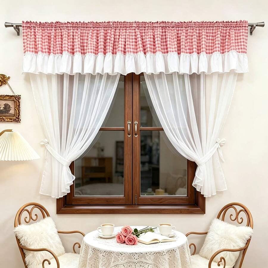 1 Set Tirai Tipis Berumbai Motif Kotak-kotak Merah & Putih Vintage, Tirai Tipis Dua Lapis Transparan dengan Kantong Batang Atas, Tirai untuk Ruang Makan, Kamar Mandi, Pembatas Lemari, Jendela Kecil, Dekorasi Lembut untuk Renovasi Apartemen Sewa - 1 set - View 1