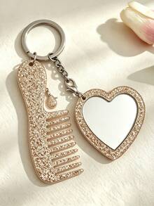 Acrylic Glittering Heart-Shaped Mirror, Comb Set, Keychain, Bag, Pendant, Exquisite Essential Makeup Items For Girls - Love - View 7