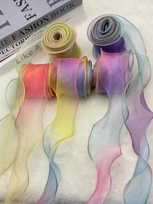 1 Roll 3/10 Yards Gradient Sheer Organza Ribbon With Gold Wired Edge, Perfect For Gift Wrapping, Flower Bouquets, Party Decor, Wedding Supplies & DIY, Christmas Gift Ribbon, Wrapping For Presents,Christmas Tree Decerations,Halloween Home Dec - Multicolor - View 4