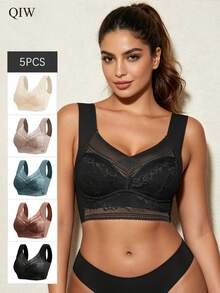 5pcs Women's Lace Patchwork Seamless Wire-Free Padded Bras - Multicolor - View 2