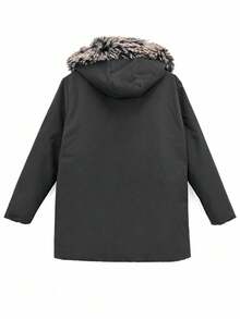 Commuter Style Solid Color Workwear Padded Coat, Flap Large Pockets, Vertical Hidden Pockets, Metal Snap Button Design, Loose Fit Top - Black - View 4