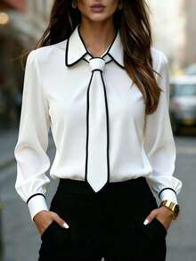 Women's Contrast Trim Long Sleeve Blouse With Tie Detail - Office, Commute & Casual Wear, Suitable For Spring, Summer, Autumn & Winter White - White - View 1
