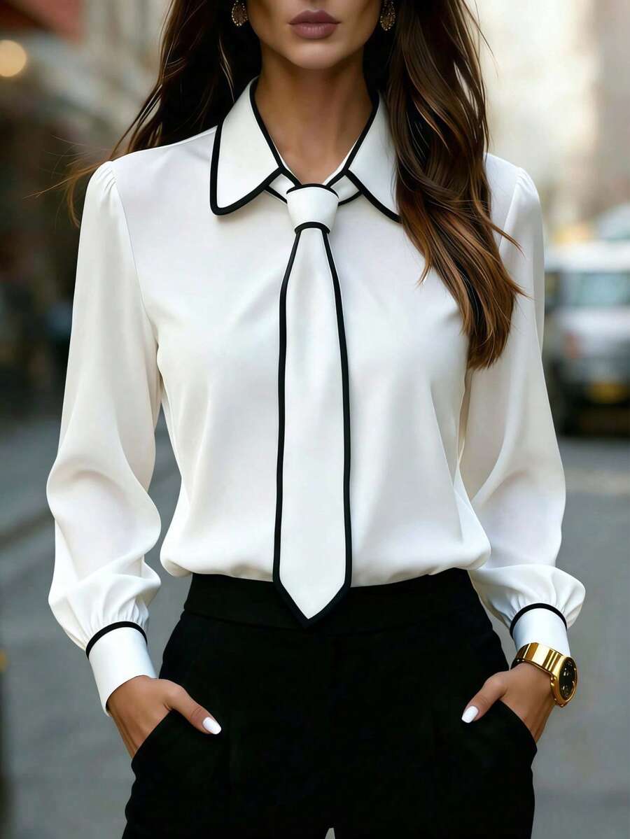 Women's Contrast Trim Long Sleeve Blouse With Tie Detail - Office, Commute & Casual Wear, Suitable For Spring, Summer, Autumn & Winter White - White - View 1