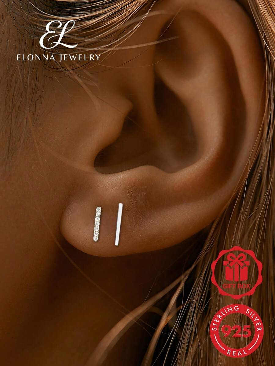 SYMFNY 1 Paio di Orecchini a Perno in Argento Sterling 925 Minimalisti e Versatili con Zirconi, Adatti per l'Uso Quotidiano delle Donne - Argento - Visualizzare 1